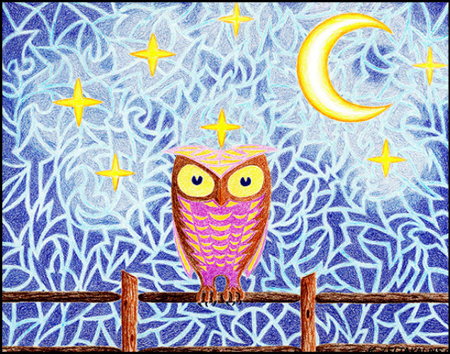 Owl on Fence With Stars and Moon - Colored pencil on paper, 11" x 14", 2007